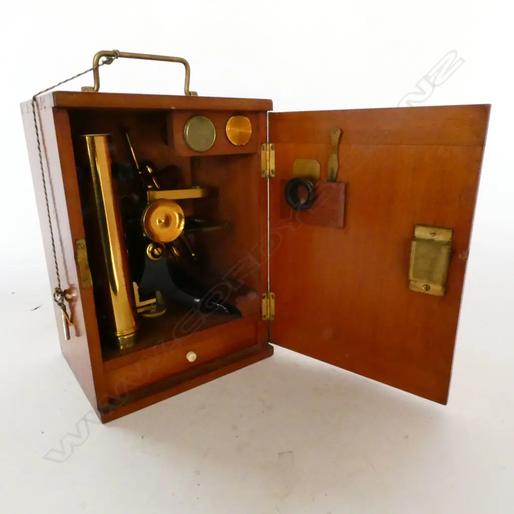 COMPACT MAHOG CASED LACQUERED BRASS COMPOUND MONOCULAR MICROSCOPE, w BULLSEYE ON STAND, ONE REPLACEMENT OBJECTIVE Image 1++